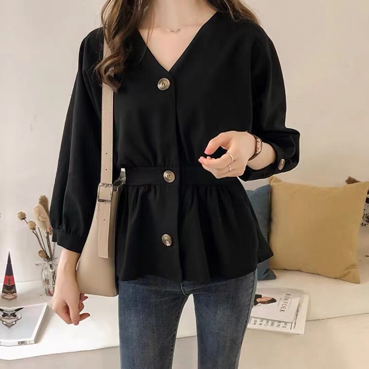 SALES! M-4XL Elegant Blus Wanita Button Kasual Lengan Panjang Korset Slim Fit Fashion Pakaian