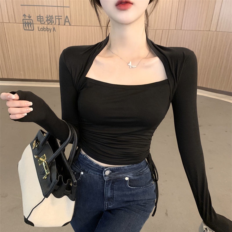 Qiu Chun Yufeng batin lengan panjang t-shirt pendek seksi ramping kerah persegi bottoming kemeja top