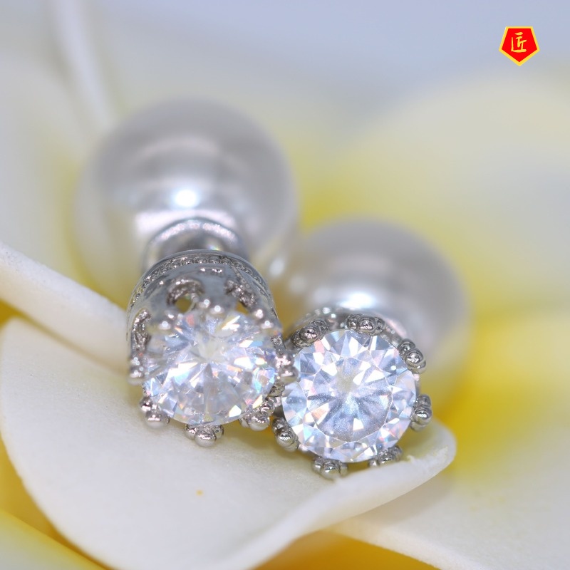 [Ready Stock]Women's Crown Pearl Diamond Temperament Silver Earrings