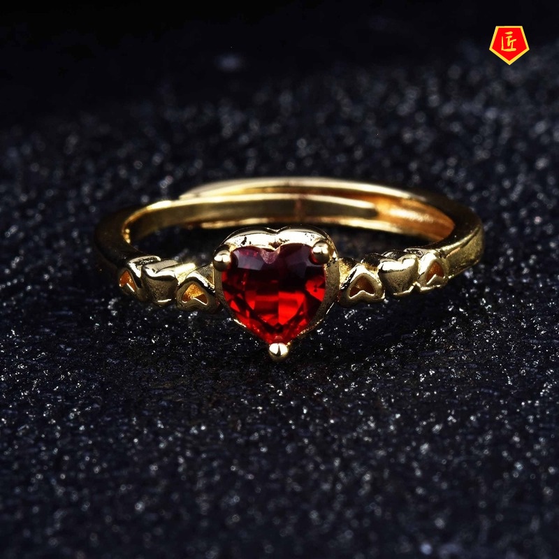 [Ready Stock]Love Heart-Shaped Red Diamond Ring 18K Gold Ins Style Simple