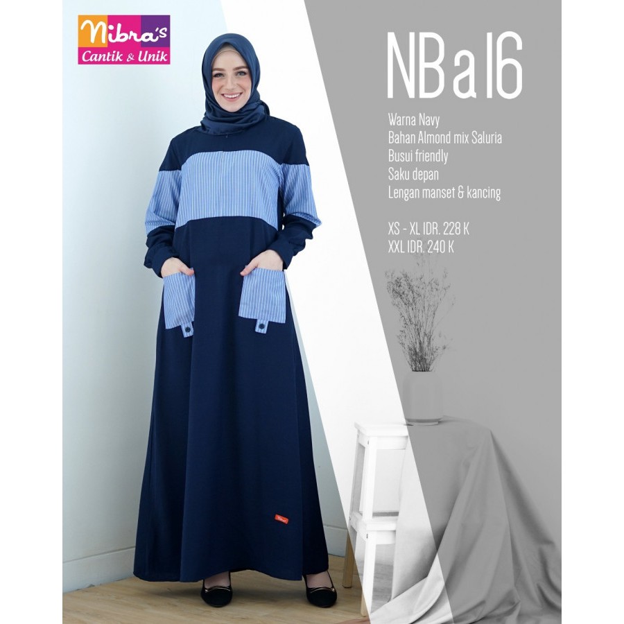 Original Nibras Gamis Casual Nb A16 Biru Dress Baju Muslim Branded