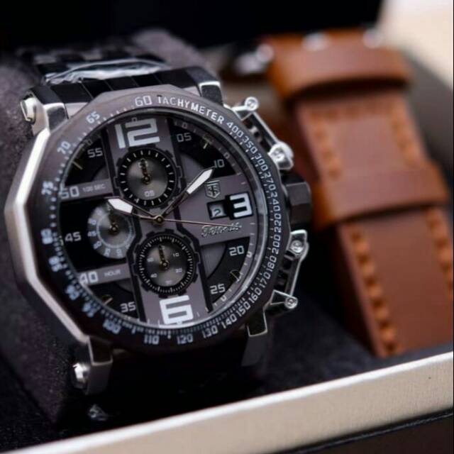 JAM TANGAN PRIA TETONIS 6012 RANTAI SET BOX BONUS KULIT ORIGINAL