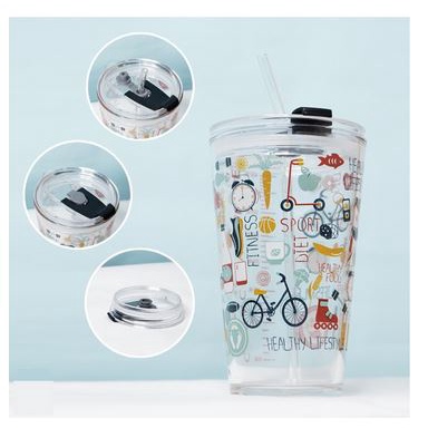 Gelas Beling Karakter 350ml / Tumbler Botol Kaca Bonus Sedotan Kaca / Glass Ware Cup 350ml H482