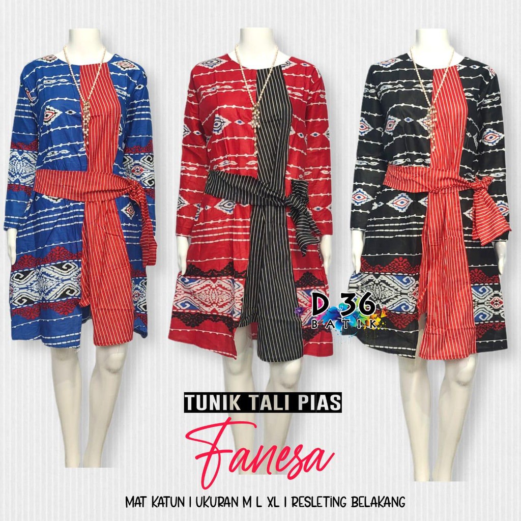 Tunik Fanesa Tali Pias Dress Wanita Mix Batik Salur Casual Formal Acara Motif Songket Tenun Kombinasi Warna