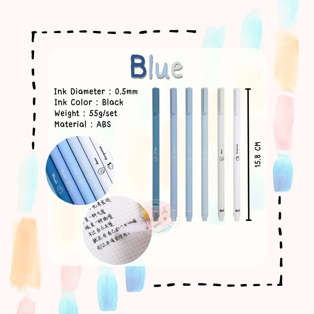 Pen Pena Pulpen Gel Bolpoin Aesthetic Stuff Unik Lucu Untuk Sekolah Belajar Kuliah Kantor Black Ink 0.5 mm 6 PCS Bulpen Model Pelangi-Gradient Blue