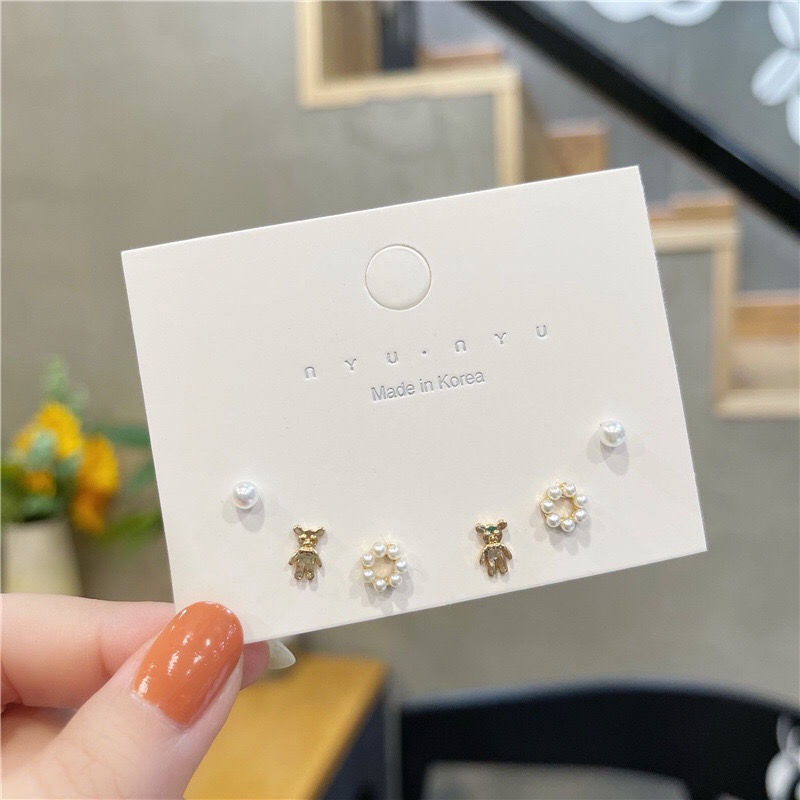 S sterling silver jarum Mutiara Hati anting-anting set cute gadis Beruang anting-anting sederhana wa