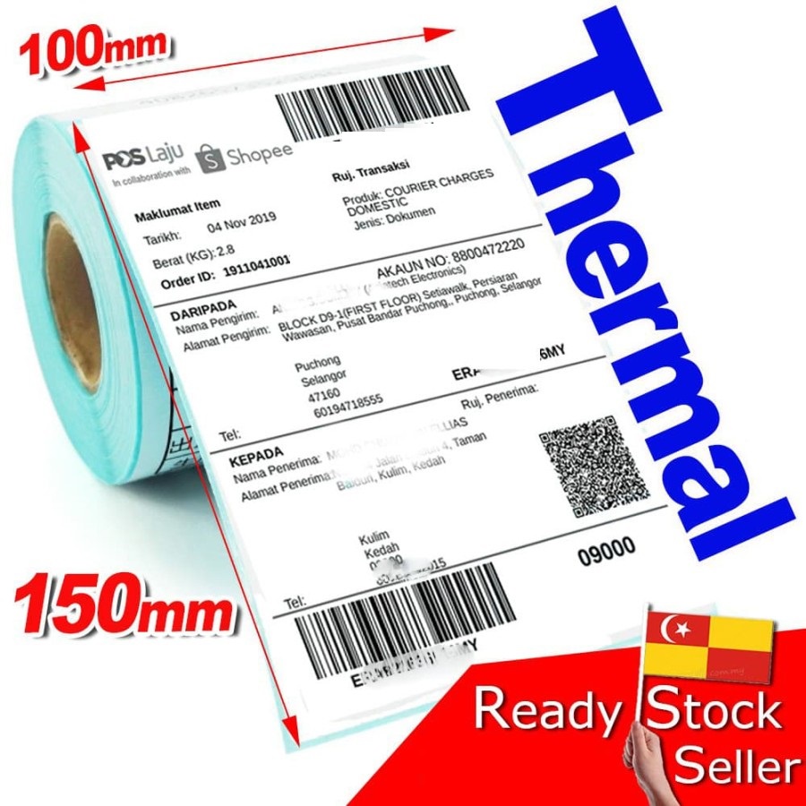 

SMARTCOM ~ Label Sticker Thermal Barcode 100x150mm 10x15cm 500 PCS Size A6 RB9