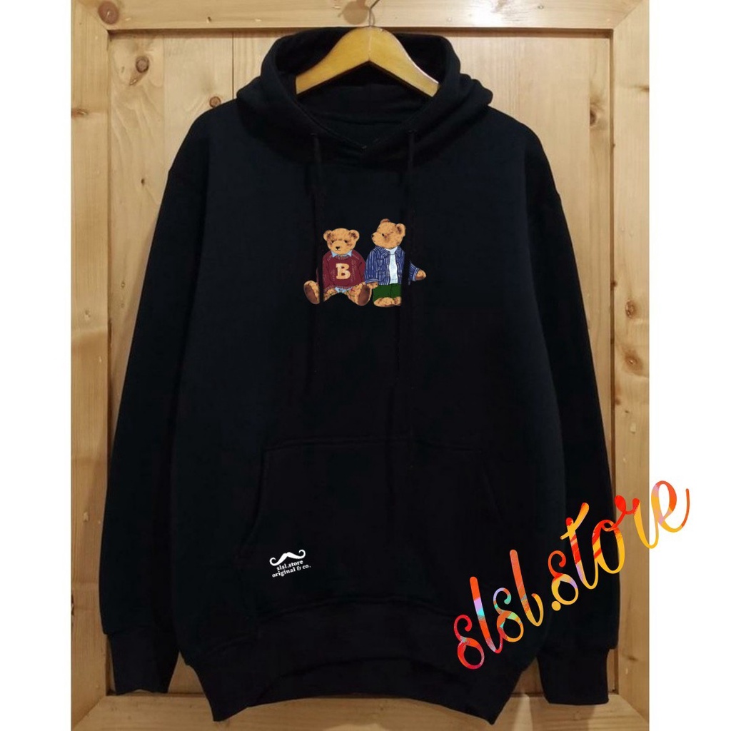 Sweater Pria Distro Bahan Katun Warna Hitam Hoodie Beruang Terbaru Ukuran Jumbo Switer Hodie Wanita Bear