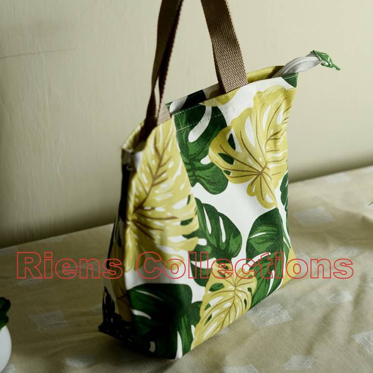 HANDBAG BESAR BAHAN KANVAS MOTIF DAUN TALAS. TAS KANVAS. TAS WANITA. RIENS COLLECTIONS