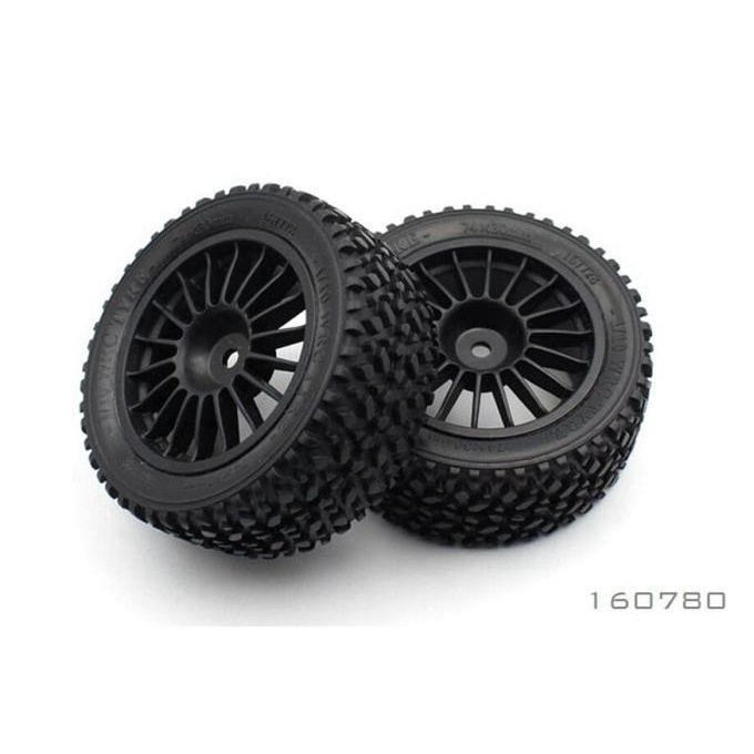 BRC 1/10 RALLY BLACK REAR TYRE AND RIM (PREGLUED) 75X32MM (2)