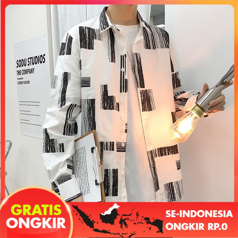 Kemeja Pria Lengan Panjang Kemeja Pria Mesh Merah Retro Hip Hop Fashion Korea Kemeja