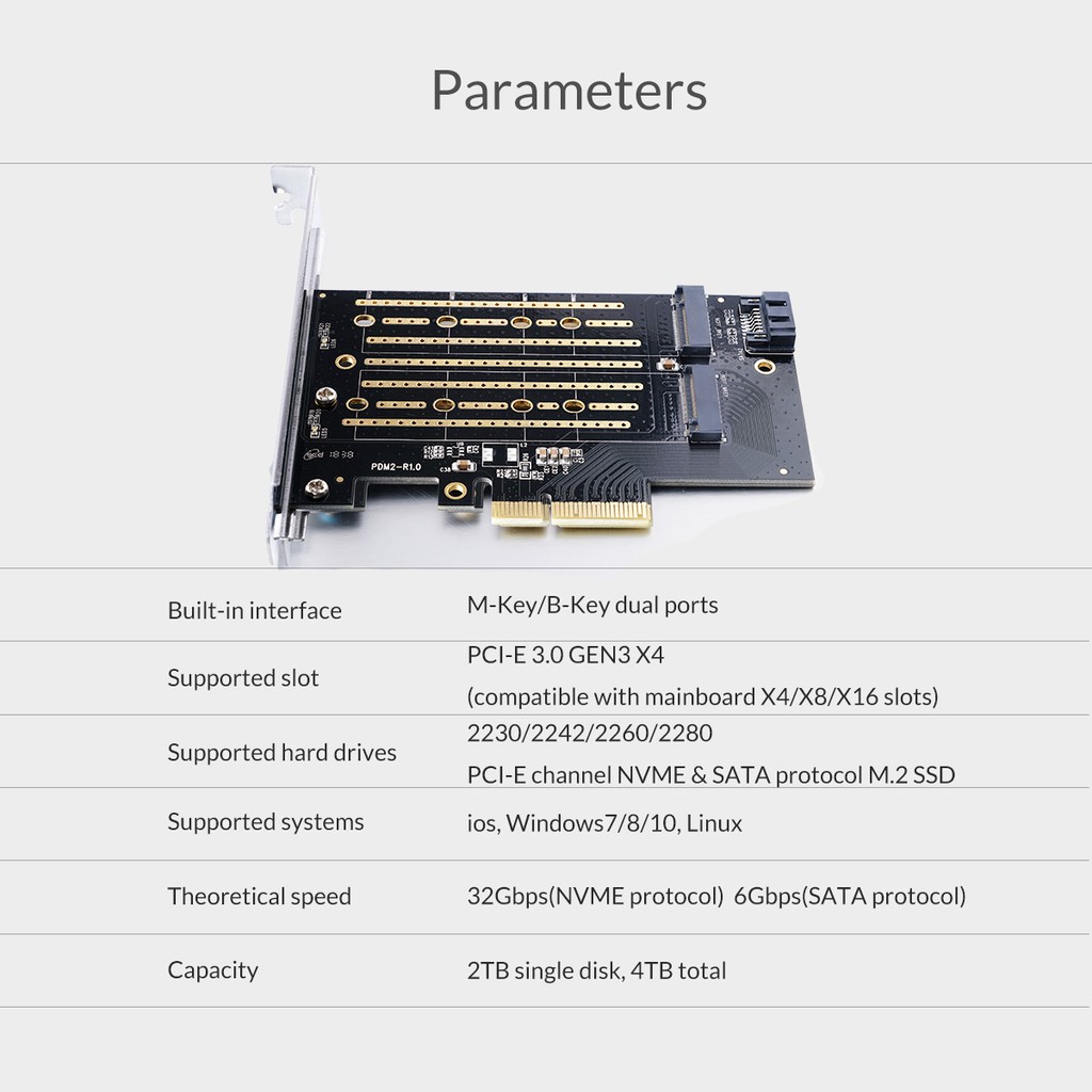 Pci express x4 Orico ssd m2 2 port Nvme 32Gbps Ngff sata 6Gbps 4tb pdm2 - Pci-e 3.0 X4 m.2 B M-key expansion card