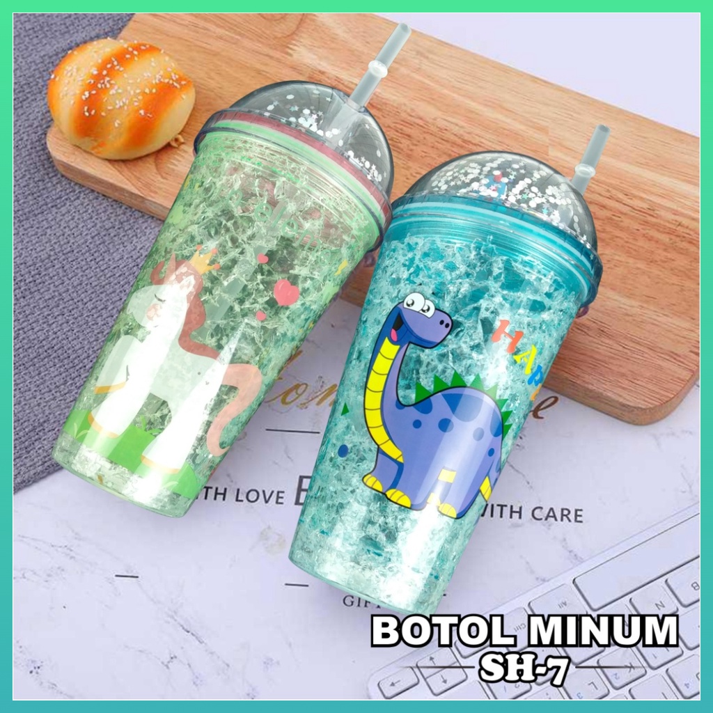 Botol Minum Tumbler + Sedotan Motif Unicorn Dinosaurus Gel Glitter Botol Minum 450ml SH-7 Worldhome66