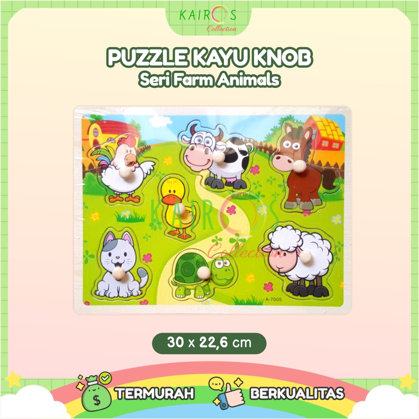 Puzzle Kayu Knob Farm Animal Puzzle Knop Kayu Anak