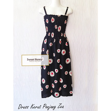 Sweet Honey ~ Dress Kerut Panjang Semok Bali Zea Tali Satu BH Motif Bunga dan Etnik Random