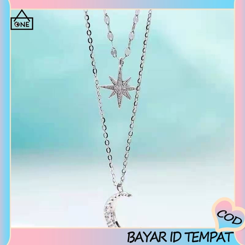 COD❤️Kalung Oktagonal Star Moon Double Layer Kalung Wanita Cahaya Mewah Rantai Klavikula Tumpang Tindih