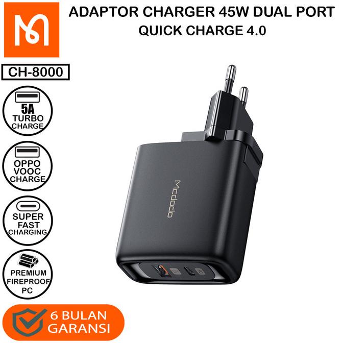 MCDODO CH-8000 Adaptor Charger Dual Port Usb A + Type C QC 4.0 45W