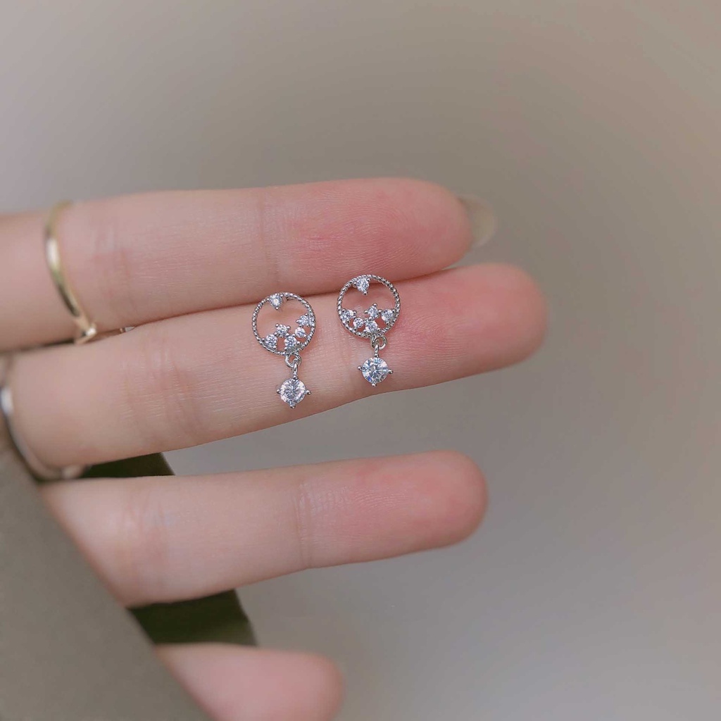 Anting Tusuk Gantung Bahan Sterling Silver 925 + Titanium Steel Hias Zircon Gaya Korea / Simple Untuk Wanita