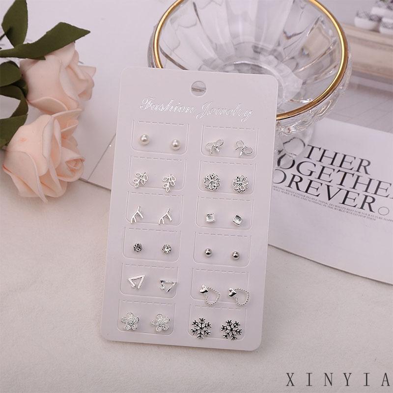 12 Pasang / Set Anting Tusuk / Stud Model Campur Bahan Silver Untuk Wanita