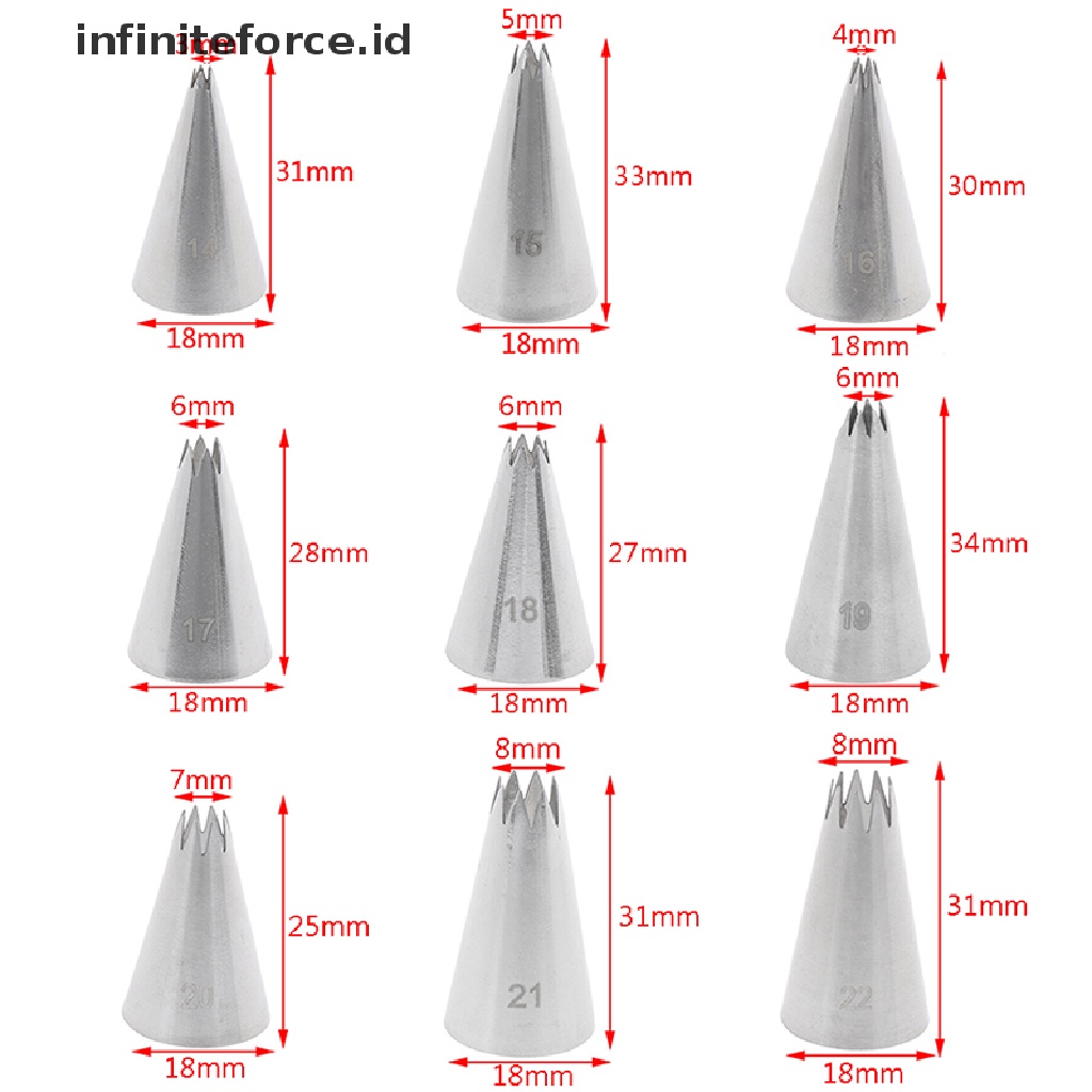 (Infiniteforce.Id) 9pcs / Set Spuit Piping Bentuk Bintang Bahan Metal Untuk Dekorasi Kue