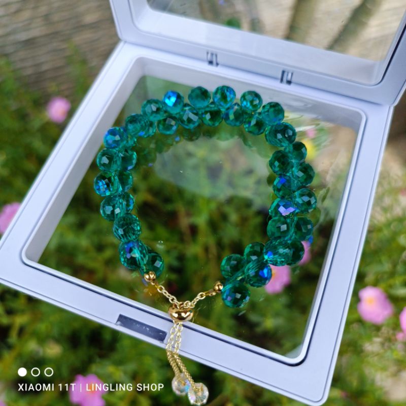 Gelang kristal serut,gelang kristal serut korea,gelang kristal tali elastis free BOX-Hijautosca serut