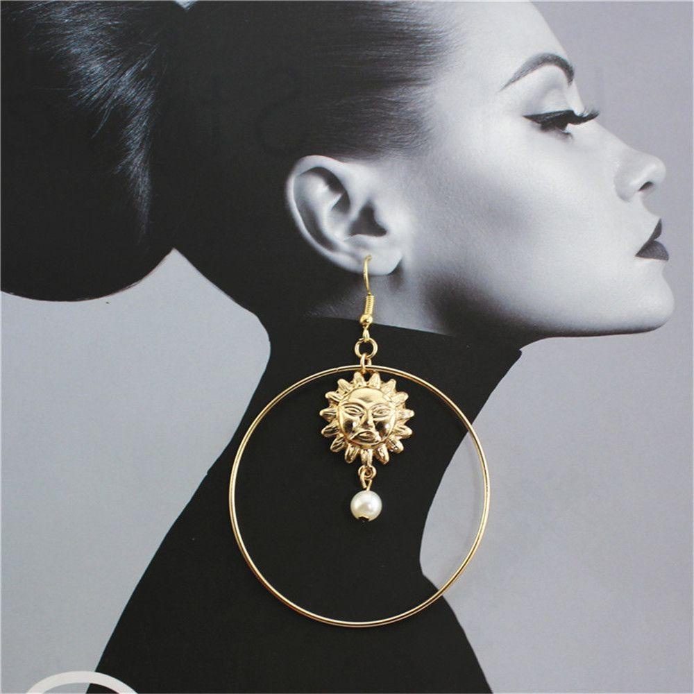 R-bunga Menjuntai Anting Drop Anting Emas Ear Clip Pendant Earrings Sun moon