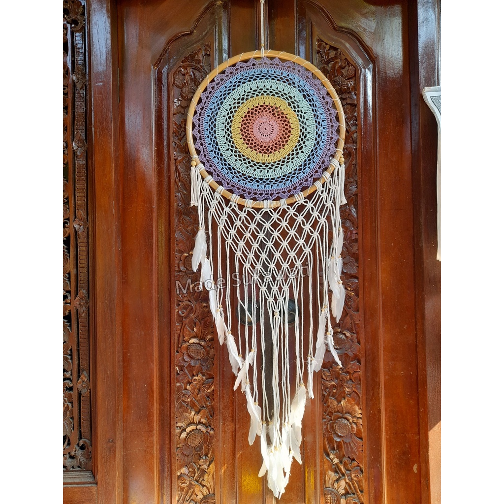 Dream catcher rajut sulam lingkar rotan 42cm hiasan bulu kerajinan