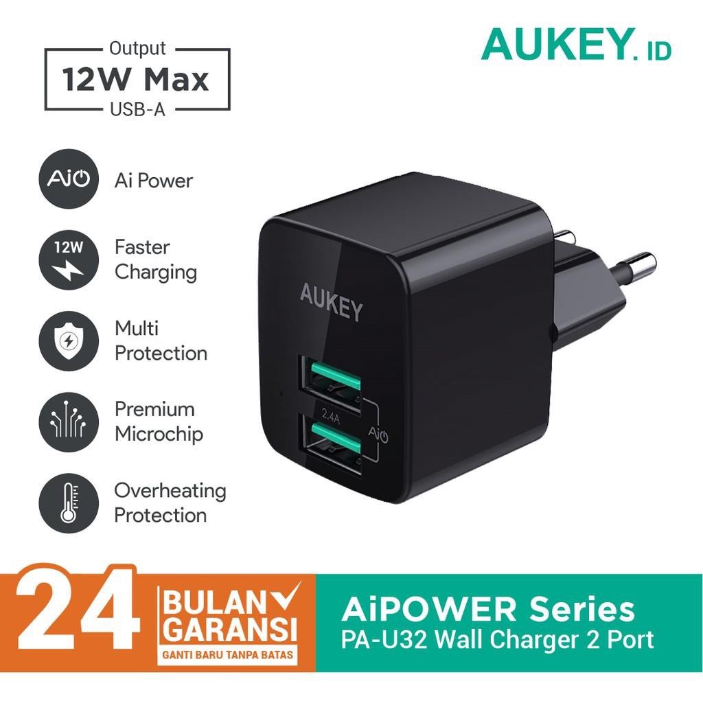 Aukey PA-U32 Wall Charger AiQ &amp; Anker Kabel Usb Lightning MFi Fast Charging 12W for iPhone - Garansi Resmi 500284 Batok Cassan 2 Port Original