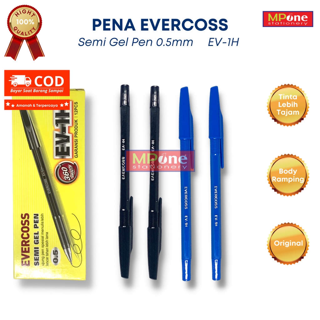 

(1 KOTAK) Pena Murah Evercoss 0,5mm Tinta Hitam, Biru / Pena Semi Gell Evercoss 0.5mm