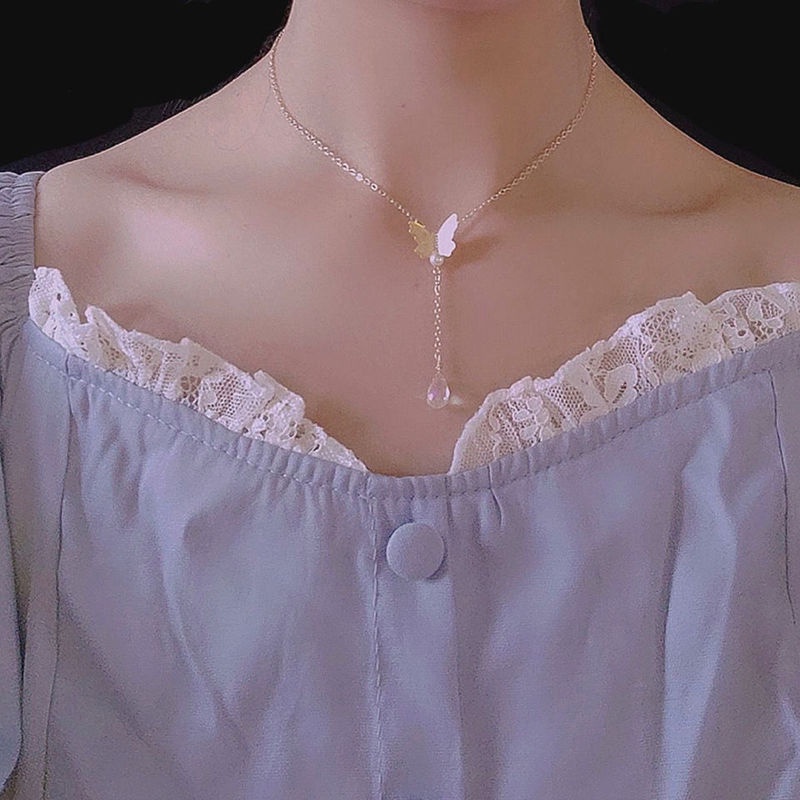 Butterfly Chocker Necklace Fairy Necklace French Retro Korean Version Ins Drop Pendant Light Luxury Niche Clavicle Chain Sweet Heart Jewelry