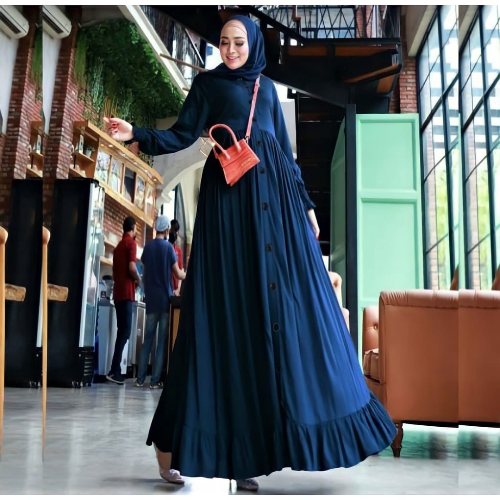 Gamis Alesha | Gamis Polos | Gamis Muslim Kancing Busui | Maxy Dress | Gamis Rampel-NAVY