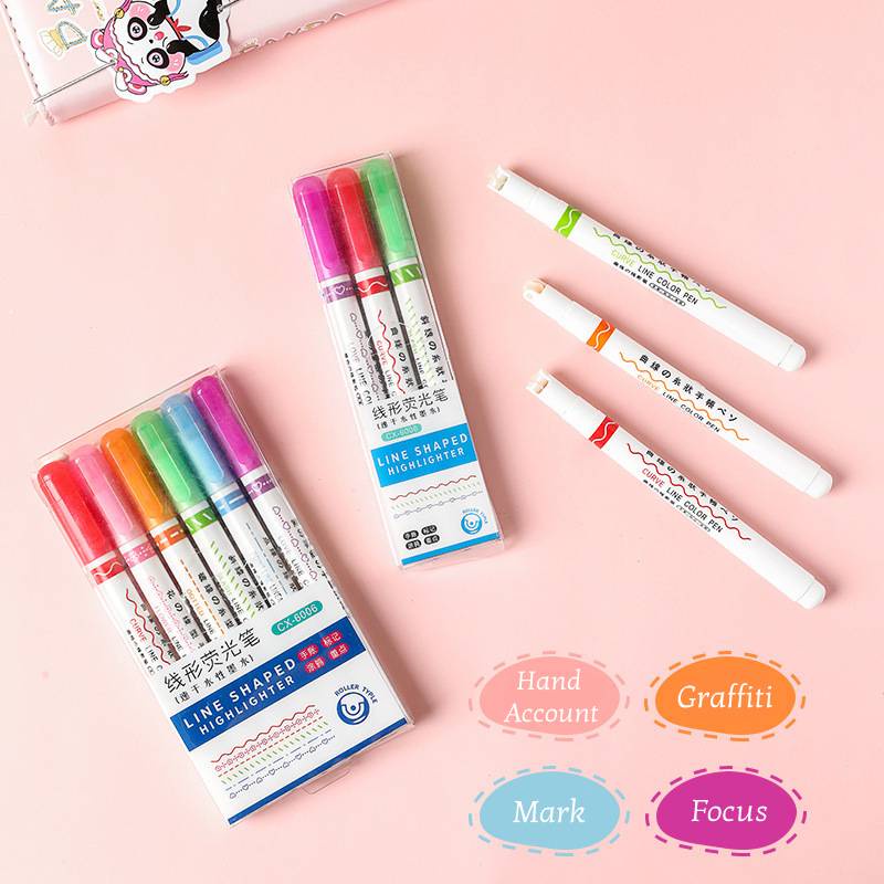 3 Pcs / Kotak Pena Marker Highlighter Kontur Garis Gelombang Cepat Kering Motif Bunga Untuk Alat Tulis Sekolah Kantor