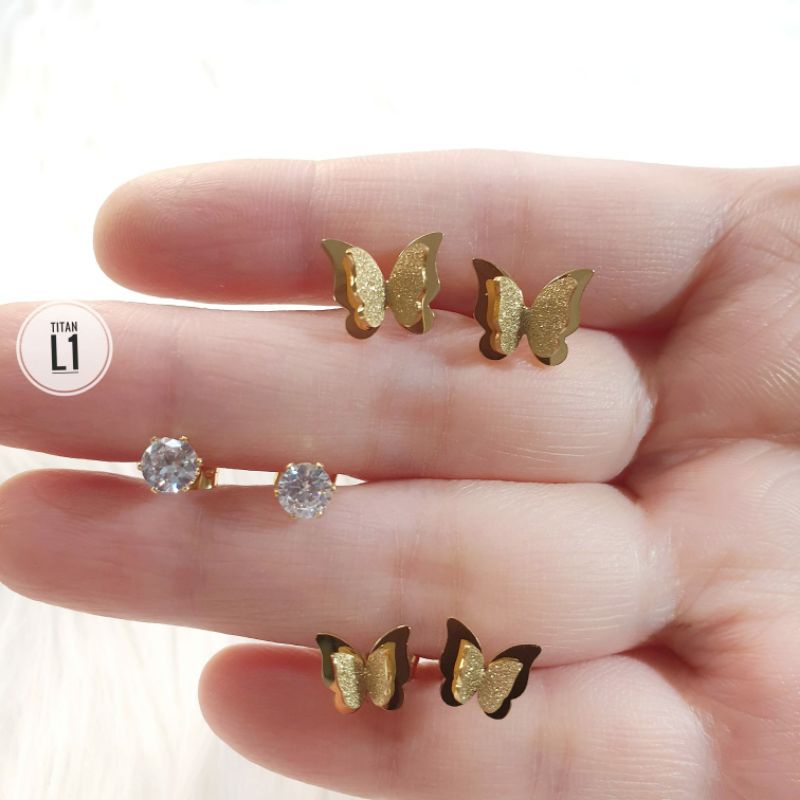 Anting Tusuk 1 Set Dapat 3 Pasang Anting Butterfly Gold Permata Putih N01122104