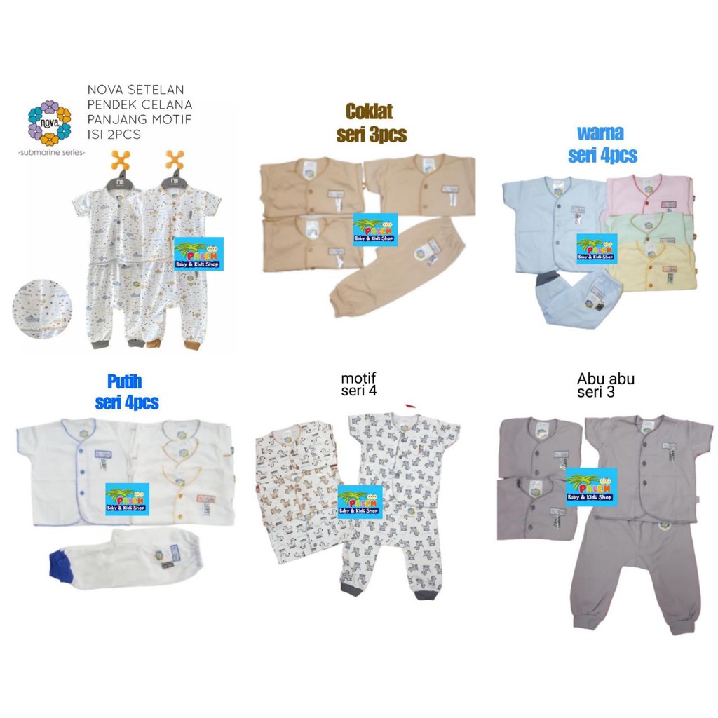 nova setelan baju pendek + celana panjang newborn kancing depan