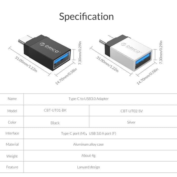 Otg type-c male to usb3.0 Female Adapter orico 2in1 charge-data sync aluminum cbt-ut01