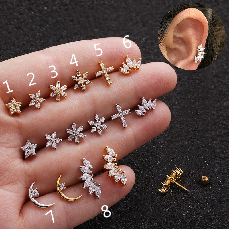 1 Pcs Cross Flower Star Moon Shaped Korean Style Silver Gold Earring Gift for Women