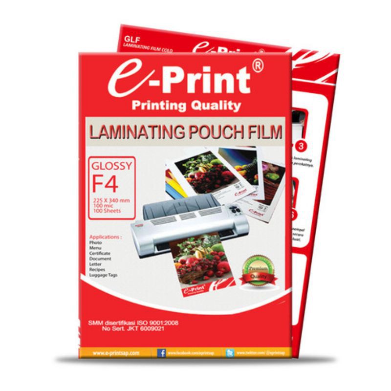 

Plastik Laminating F4 Eprint Isi 100 Lembar Tebal 100 Micron / Plastik Laminasi / Kertas Laminating Film Folio