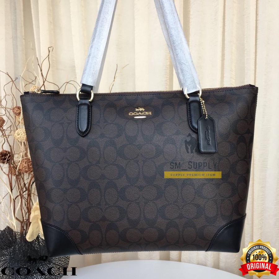 TAS WANITA TOTEBAG COACH 29208 SIGNATURE ZIP TOTE DARK BROWN