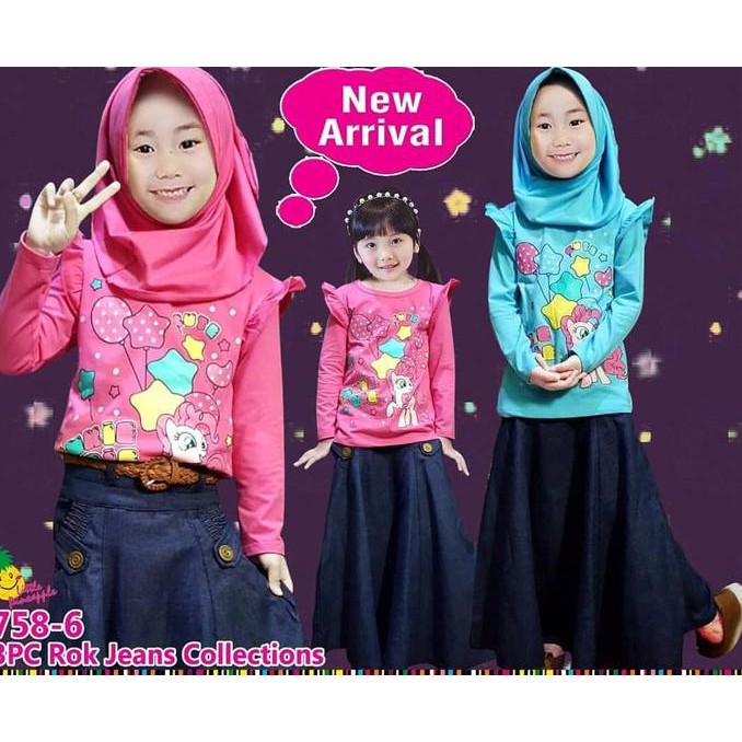 SALE- BAJU MUSLIM ANAK PEREMPUAN LITTLE PINEAPPLE PONY BALON ROK DENIM BELT - BIRU MUDA JANGAN LUPA