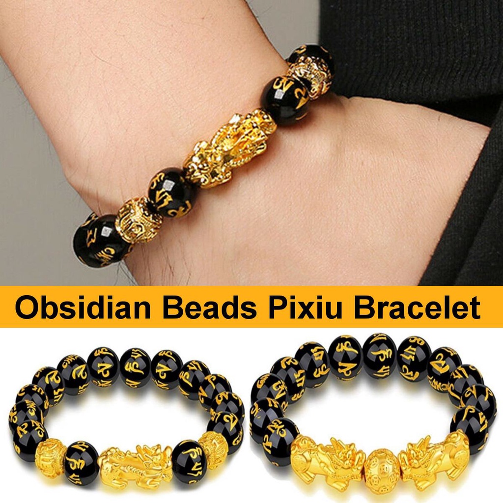 Gelang Manik-Manik Batu Obsidian Feng Shui Bahan Alloy Untuk Unisex