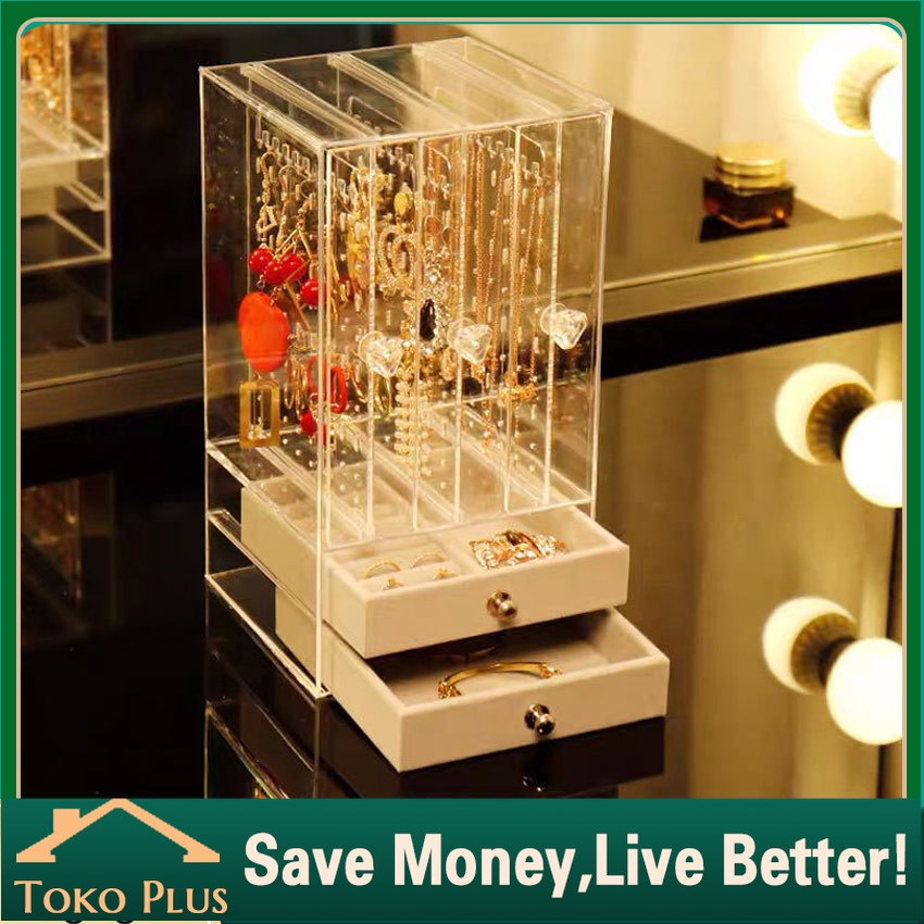 Organizer box 2 laci perhiasan Rak Anting Organizer Aksesoris Acrylic Organizer Anti Debu Rak Perhia