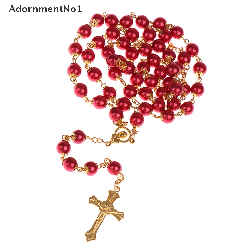 (AdornmentNo1) Kalung Rosario Katolik Rantai Panjang Dengan Liontin Salib Yesus + Mutiara