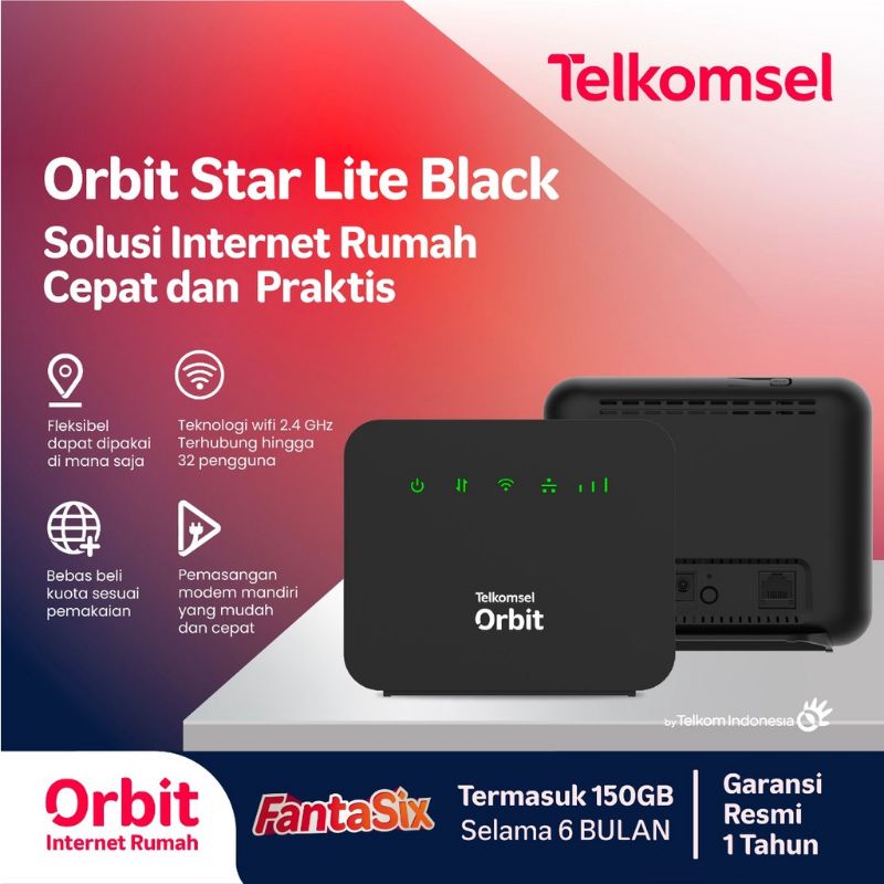 Telkomsel modem Orbit Star Lite Black sudah sekaligus dapat bonus paket data FantaSix 150 GB untuk 6