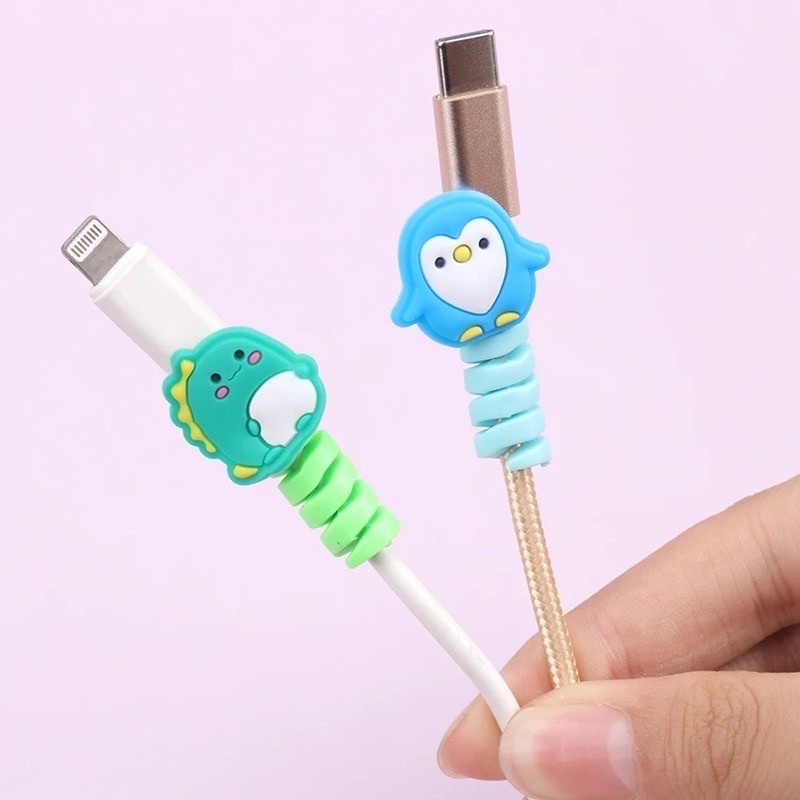 [2 PCS] Pelindung Kabel Data / Protector Charger Cable USB Bentuk Spiral Bahan Silikon Motif Kartun Hewan Cartoon Universal Silicone Charging Saver Bobbin Winder For Cell Phone