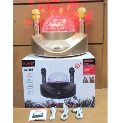 Speaker Bluetooth Portable SDRD SD308 Mic Wireless Karaoke LED SD-308 Lampu Disco + 2 Microphone