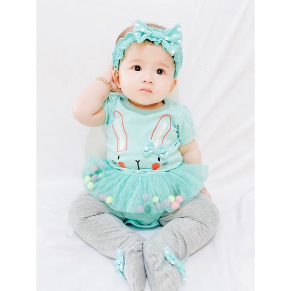 jumper newborn romper bay kado lahiran anak perempuan bunny pom pom legging JUMPER SET baby bayi cewek perempuan 0-12 bulan newborn romper fashion di