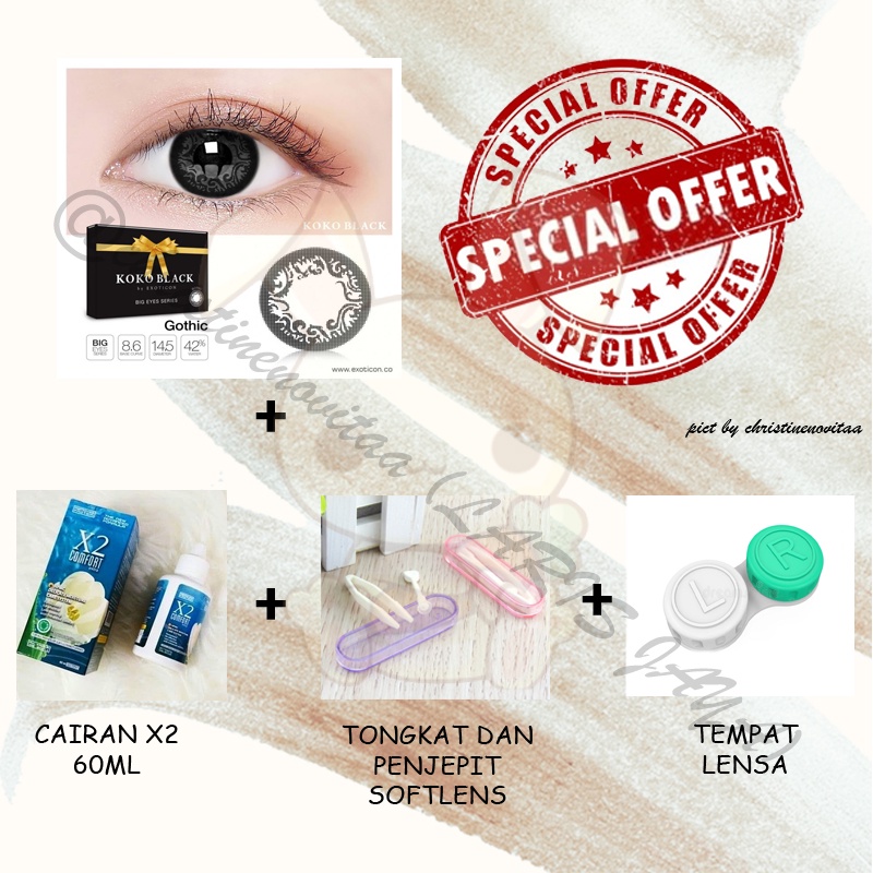 Paket Softlens  X2 by EXOTICON KOKO BLACK BIG EYES (Normal) 14,5 mm + Cairan X2 60 ml + Penjepit / Pinset