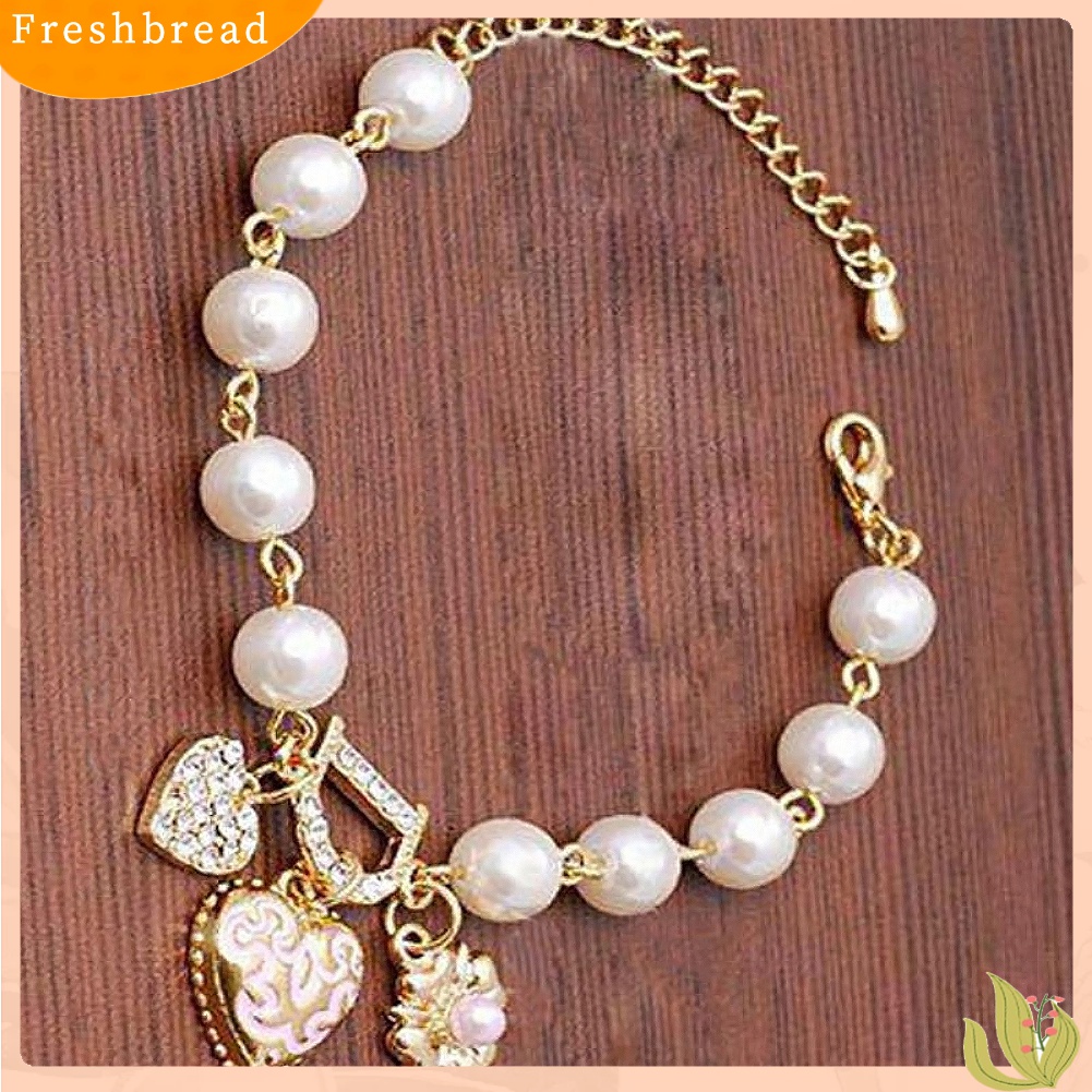 【Fresh】Fashion Faux Pearl Rhinestone Love Heart Pendant Bracelet Jewelry Party Gift