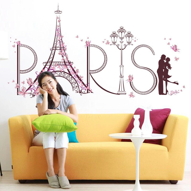 RELIZA WALL STICKER TOWER PARIS EIFFEL ROMANTIS PINK COUPLE KISS STIKER DINDING SK9007