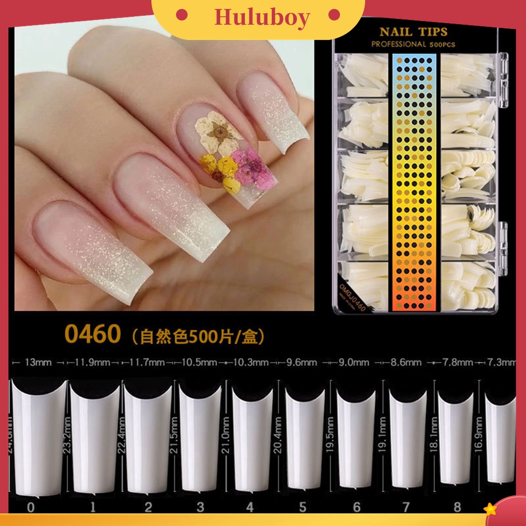 Huluboy Huluboy♡ 500pcs / Set Stiker Kuku Palsu Full Cover Bentuk C Lengkung Panjang Frosted Untuk Nail Art / Manicure DIY